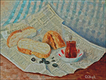 Çay, Zeytin ve Ekmek, natürmort, yağlı boya, 1997, 45cm×35cm